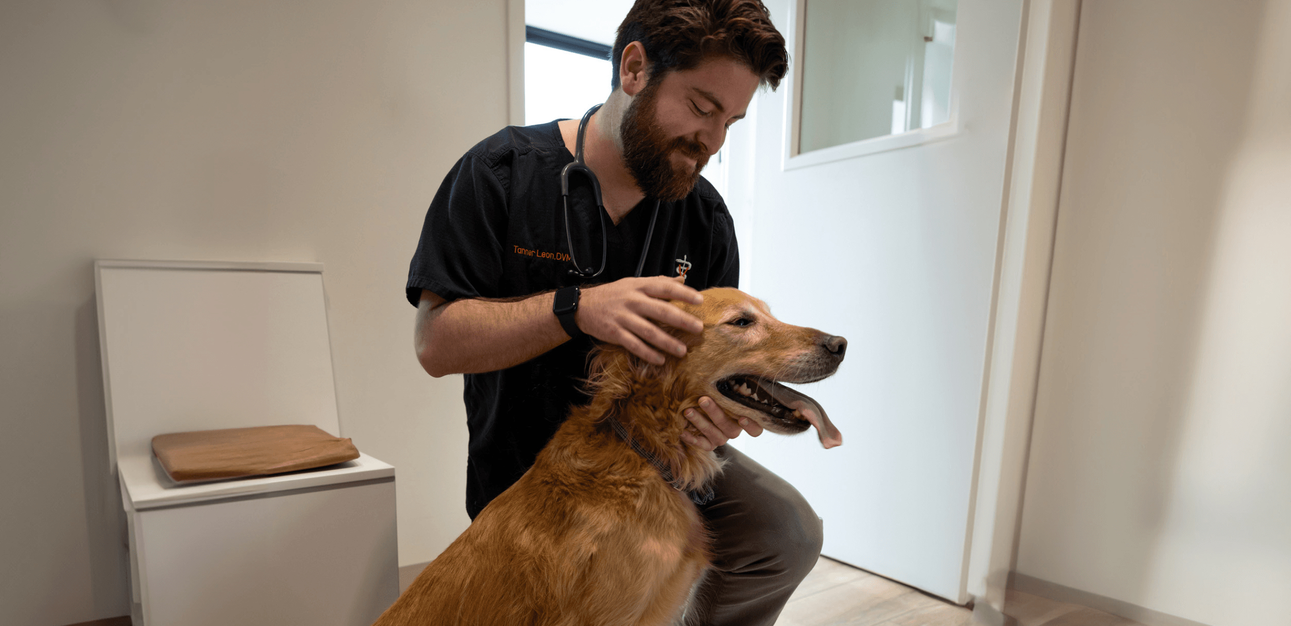 Dr. Tanner, veterinarian with dog Archer, age 5